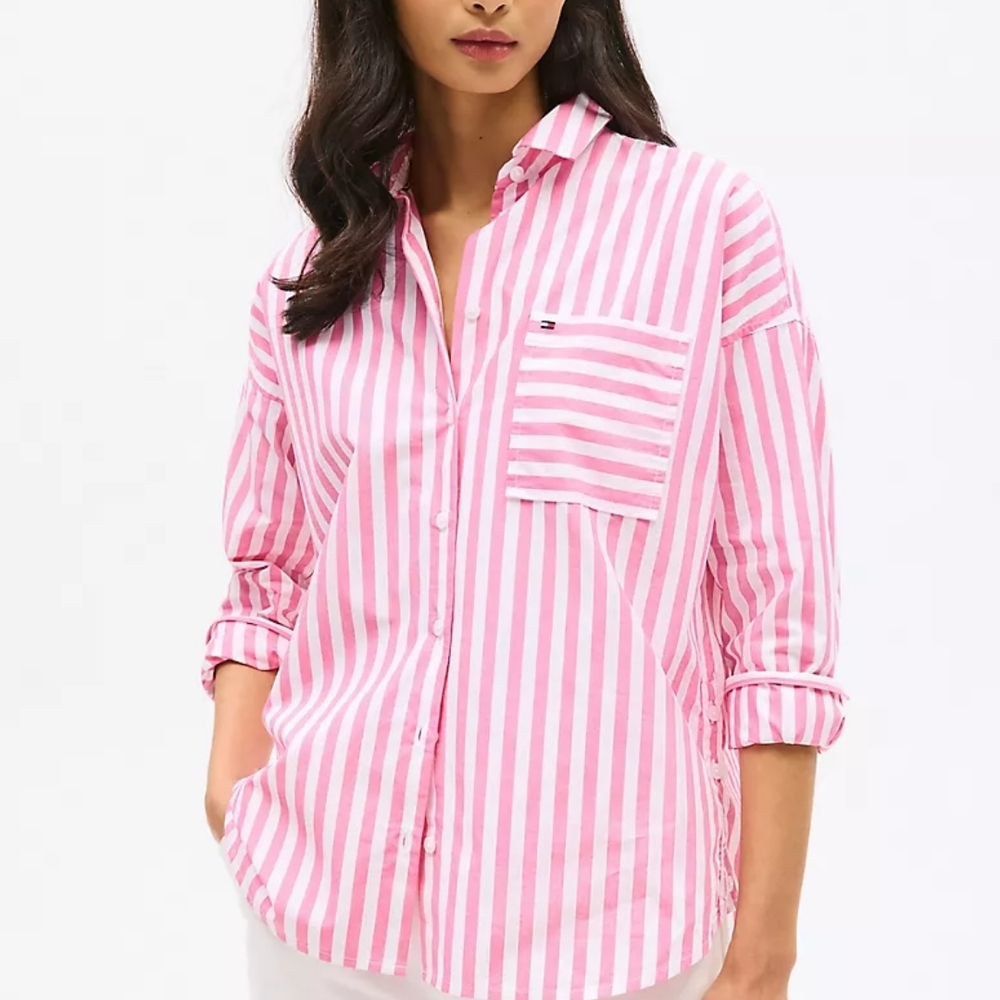 Tommy Hilfiger Women's Pink and White Striped Button Down Shirt